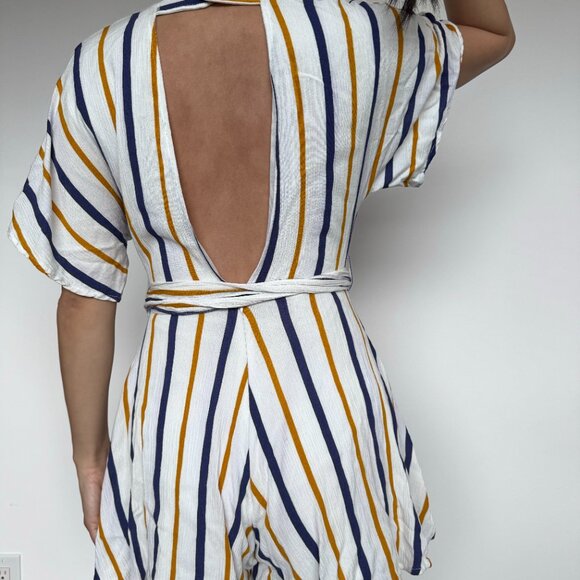 Summer Jumpsuit One piece Shorts with Vertical Colored Design Open front - Picture 3 of 10